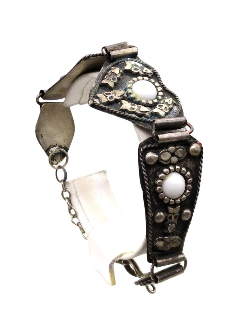 Primitive Silver Etruscan Style Bracelet with Vintage Milk Glass Cabochons
